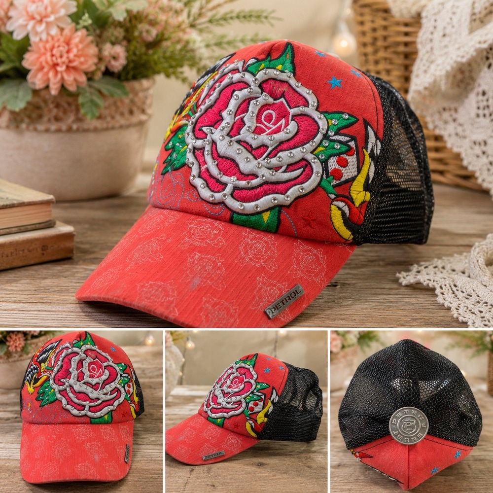 Petrol Jeans Red Rose Embroidered Rhinestone Trucker Hat Snapback Y2K Tattoo